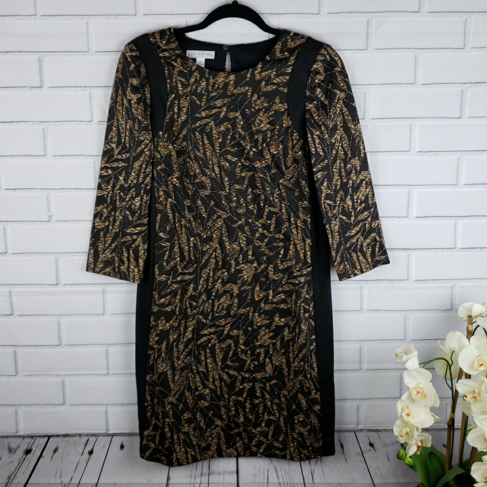 London Times dress black and tan leaf print